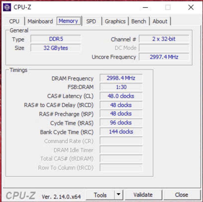 Thẻ Memory của CPU-Z hiện đầy đủ dung lượng RAM (ở đây là 32GB) là việc lắp ráp đã thành công.