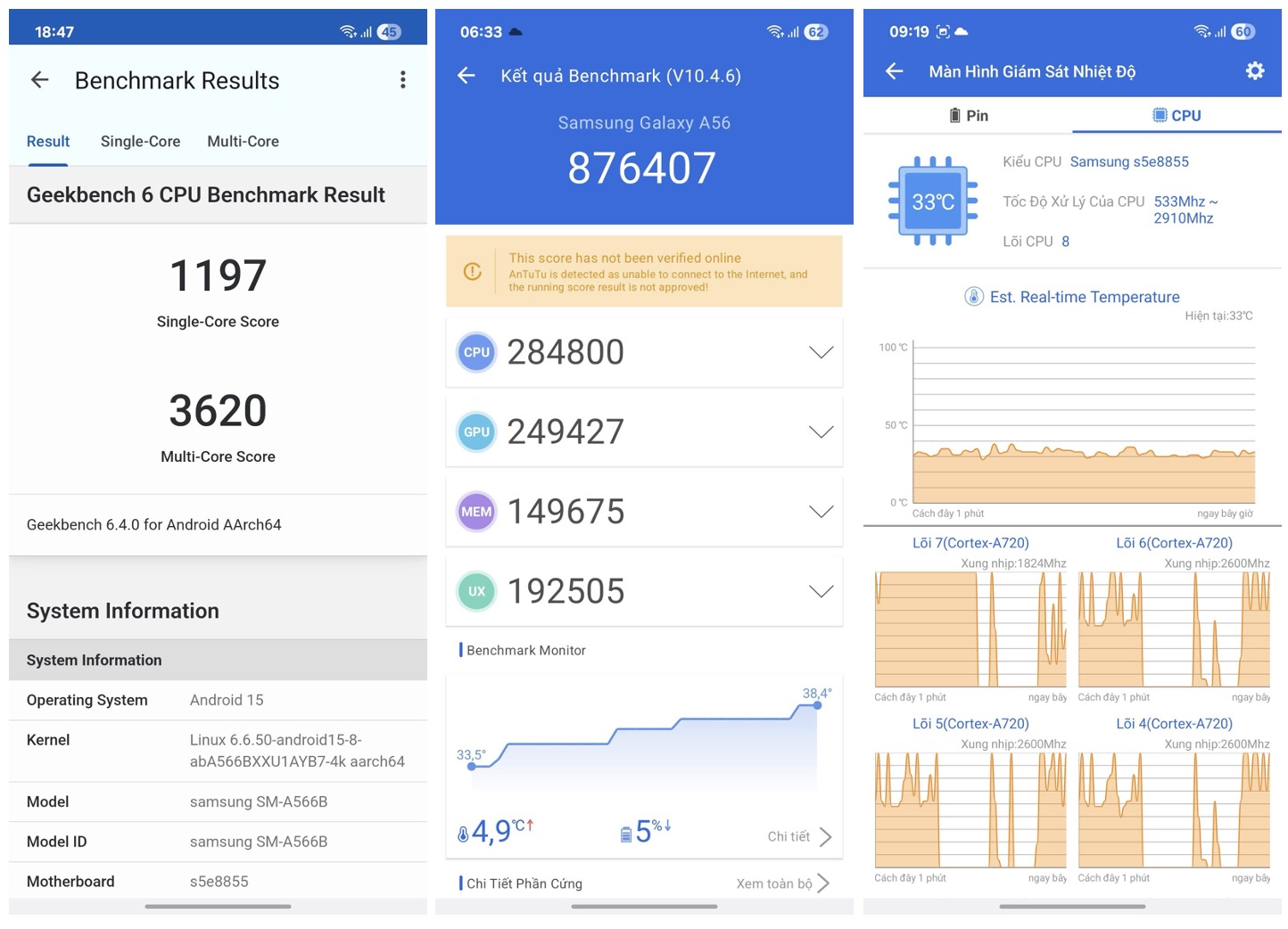 Hiệu năng đo bằng công cụ Geekbench, Antutu và giám sát nhiệt độ CPU cho thấy máy ổn định ở mọi tác vụ.