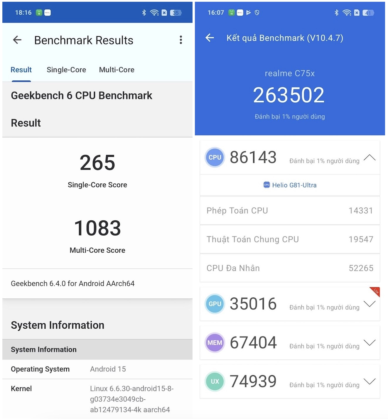 Hiệu năng được đo bằng GeekBench và Antutu Benchmark ở mức trung bình khá.