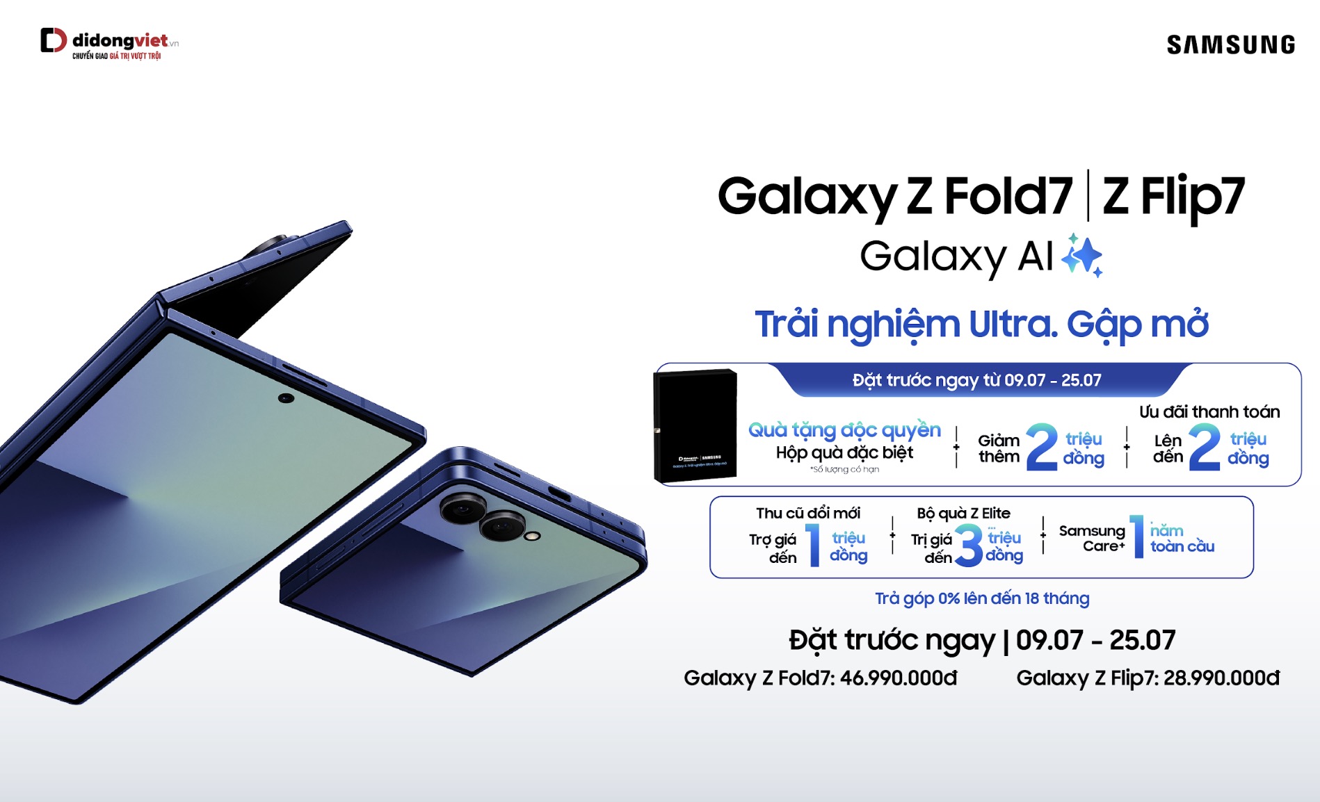 Di Động Việt mở đặt trước Galaxy Z Fold7 & Z Flip7: Cơ hội trúng quà đến 100 triệu đồng