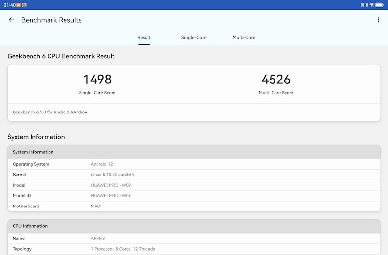 Kết quả benchmark với Geekbench Benchmark.