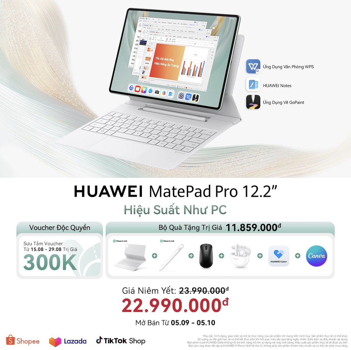Từ ngày 5/9/2025, HUAWEI MatePad Pro 12.2 inch chính thức lên kệ tại thị trường Việt Nam với mức giá niêm yết 23.990.000 đồng.
