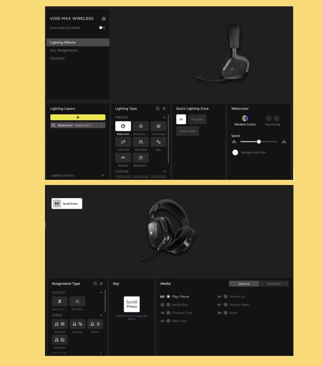 Corsair iCUE là trung tâm điều khiển của Void Wireless v2: bạn có thể tuỳ chỉnh EQ 10-band, remap nút đa nhiệm, đồng bộ RGB, bật/tắt Dolby Atmos, cập nhật firmware và tích hợp với NVIDIA Broadcast để lọc tiếng ồn. iCUE được thiết kế thân thiện với người mới dùng nhưng cũng chứa đủ tùy chọn cho người dùng chuyên sâu.